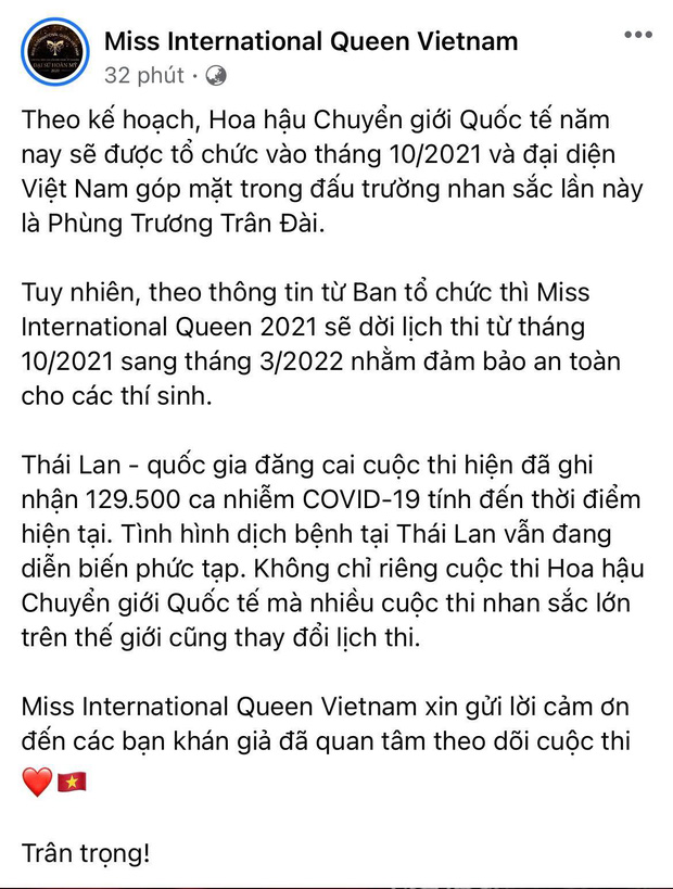 Miss international queen 2021 chính thức thông báo hoãn lịch thi tại thái lan trân đài lên tiếng hé lộ lý do đằng sau - 1