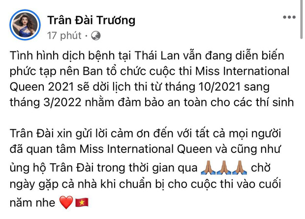 Miss international queen 2021 chính thức thông báo hoãn lịch thi tại thái lan trân đài lên tiếng hé lộ lý do đằng sau - 2